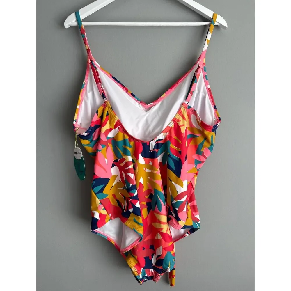 NWT Mynah One Piece Swimsuit XXL Tropical Floral V-Neck Tie Front Plus Size - Picture 4 of 6